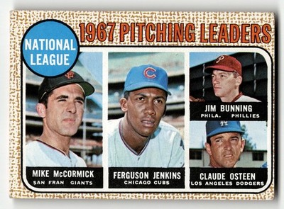 1968 Topps NL Pitching Ldrs Ferguson Jenkins Bunning #9 HIGHER GRADE WAX STAIN