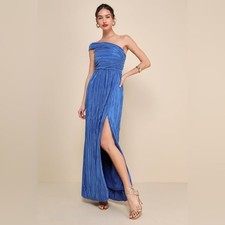 LULUS Poised Performance Blue Plisse One-Shoulder Maxi Dress NWT SIZE S