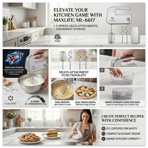 Max Life Electric Hand Mixer, 5 Speed, White, With Snap-On Storage Case - 第 6/7 張圖片