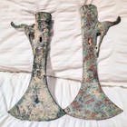 2 Ancient Chinese Bronze Age Axe Heads With Bird And Inscription