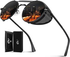 Retro Steampunk Round Polarized Sunglasses Men Womens Metal Side Shield UV400...