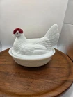 New ListingVINTAGE **White Glass Hen on Nest Covered Dish with Red Comb, Glossy Milk Glass