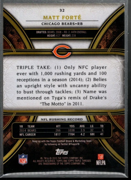 A4154- 2015 Topps Triple Threads Emerald #32 Matt Forte /199 - NM-MT - Image 2 of 2