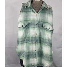 VR Flannel Vest Sleeveless Plaid Button Up Green White Studded Size L Grunge Y2K