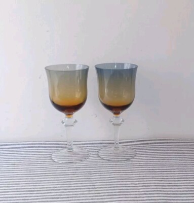 Vintage Paar Denby Aurora Bernstein & Blau Wein Wasser Gläser klare Stiele 2