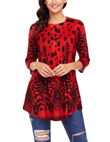 Women's 3/4 Sleeve Floral Tunic Tops Loose Blouse Button up Shirts - Picture 15 of 26