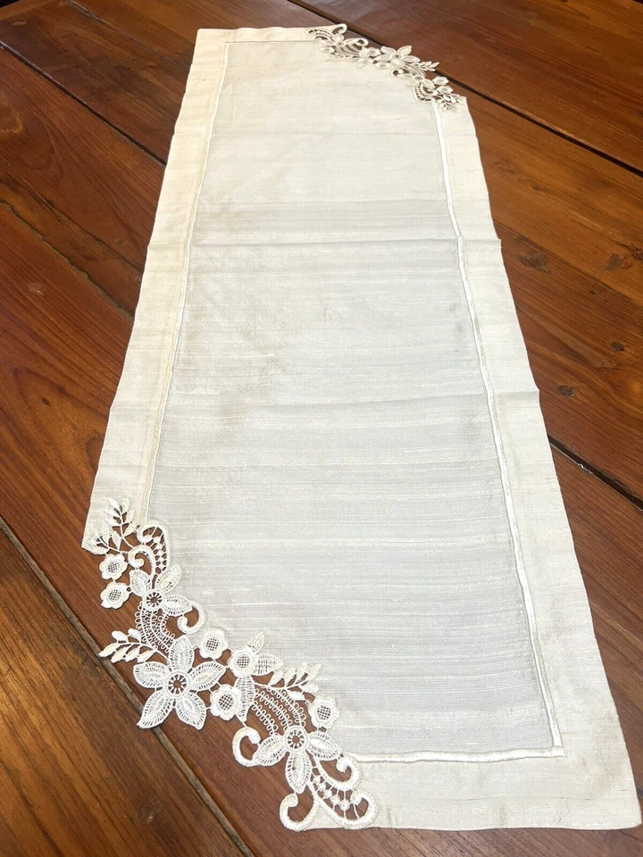 Table Topper Runner Embroidered Lace Ivory Bridal Shower Gift Arlette Hand Made - Image 4 of 4