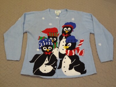VTG Women's Quacker Factory Christmas Penguins Family Button-Up Sweater Size L