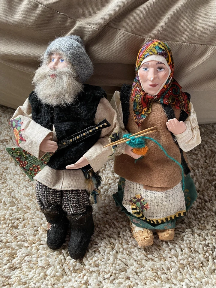 Set coppia bambola russa vintage Galina Maslennikova coppia scaffale sitter arte popolare 10" - Immagine 3 di 4