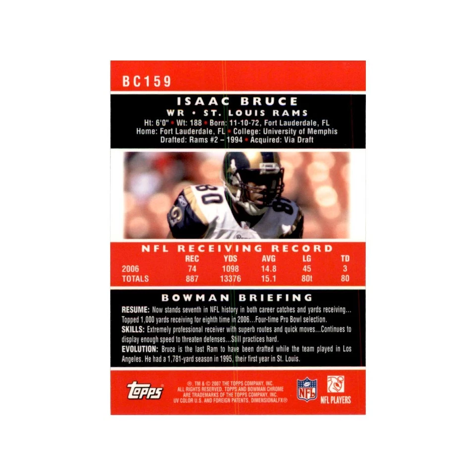 2007 Bowman Chrome Isaac Bruce Football Cards #BC159 - Image 2 of 3