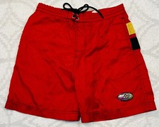 Vtg Athletech Boy Sz 10-12 Swim Trunk Shorts Red Nylon Black/Yellow Stripe Logo