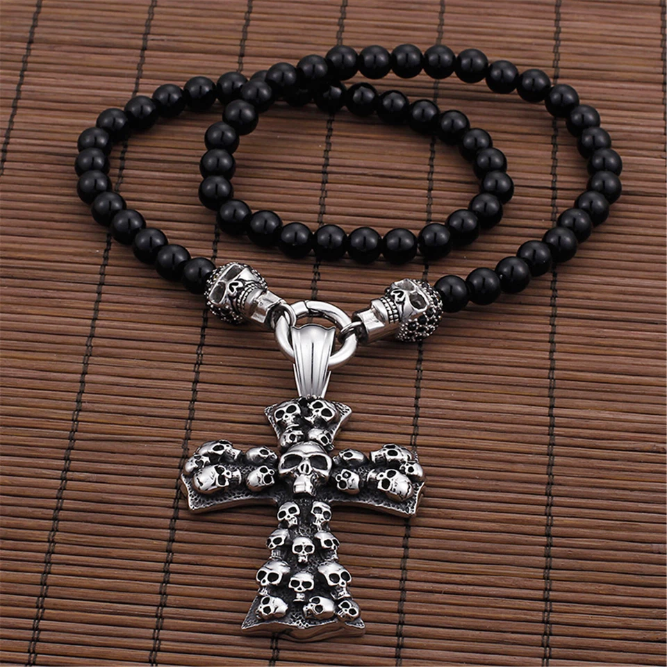 Juego de collar colgante de acero inoxidable con cruz de calavera de cuentas de ónix negro para hombre 19" Foto 4 de 4