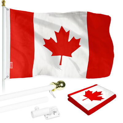 NEW G128 Canada Flag & Flagpole Set, 6FT White Pole and 3x5FT Printed Flag