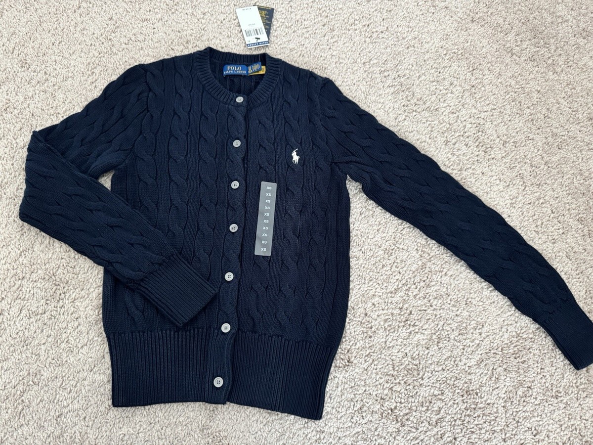 NWT Polo Ralph Lauren Cable-Knit Cotton Crewneck Cardigan Navy