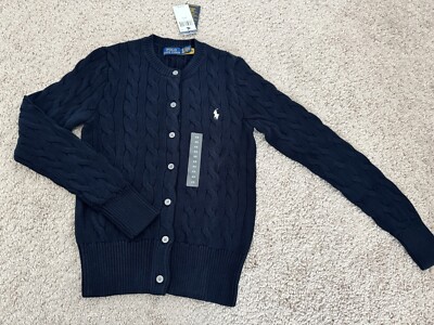 NWT Polo Ralph Lauren Cable-Knit Cotton Crewneck Cardigan Navy Women's XS 