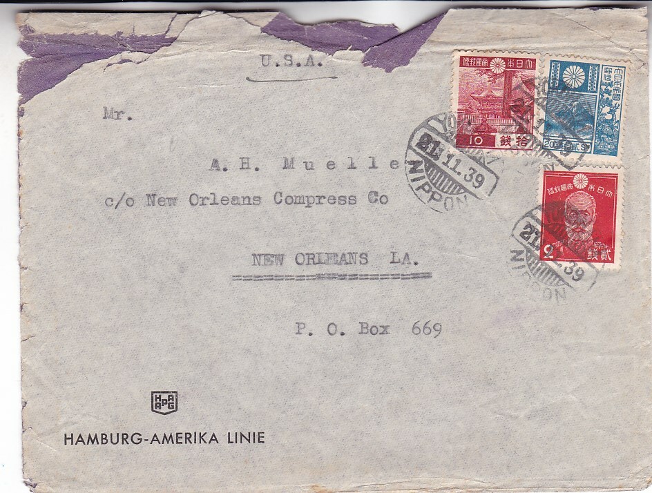 1939 Japan #259,#266,#269 on cover, Yokohama to US; ship