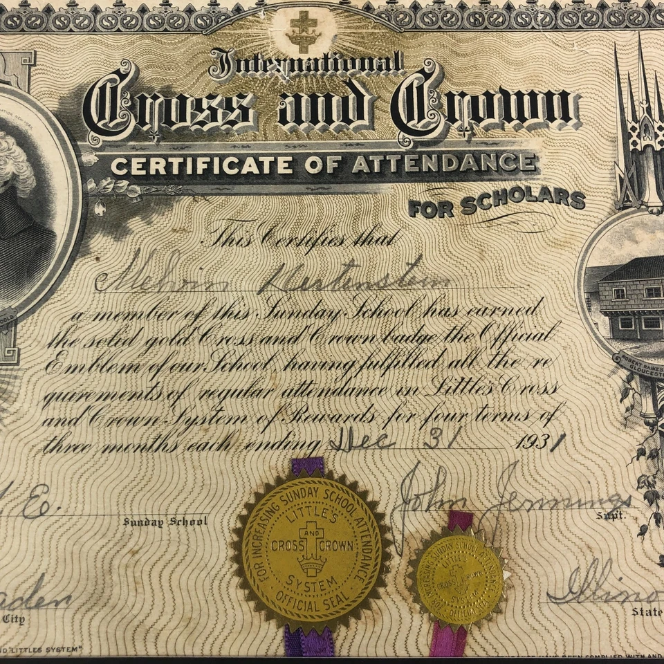 New Baden, IL Cross and Crown Church Sunday School Certificate John Jennings 30s - Image 3 of 4
