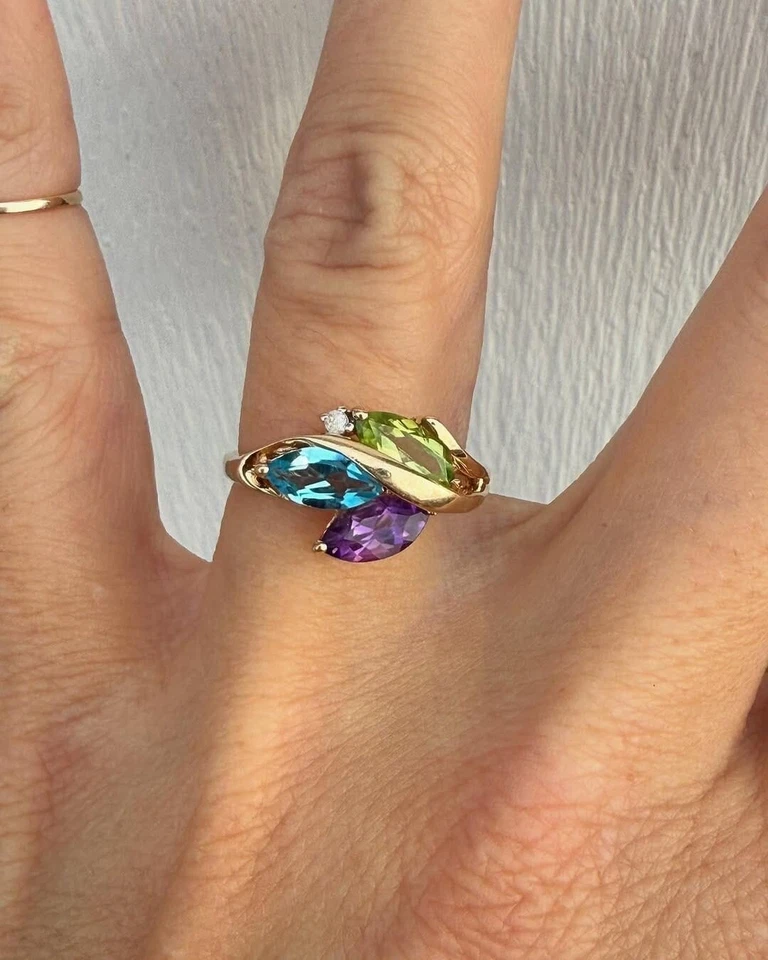 Кольцо из чистого серебра 925 пробы с позолотой 14 карат с аметистом, перидотом и швейцарской маркизой 5x10 мм - Изображение 2 из 4