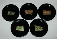VINTAGE Yamanaka Black Lacquer Fish Plates Set of 6 Japan 1970's MAGNIFICENT!