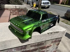 CUSTOM PAINTED RC BODY, ARRMA INFRACTION 1/7 SCALE, CANDY GREEN CHROME FLAMES