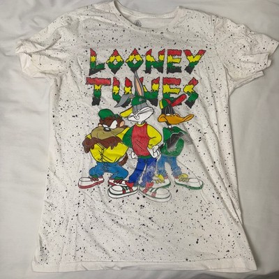 Warner Bros Looney Tunes Tshirt M Rasta Script AOP Splatter Print TazBugsDaffy