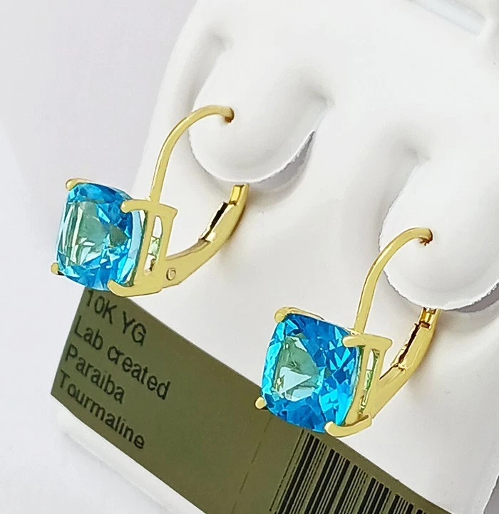 LAB CREATED 2.58 Cts PARAIBA TOURMALINE EARRINGS 10K YELLOW GOLD - NWT - Image 2 of 4