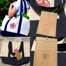 NWT Trader Joe’s Large Navy Canvas Reusable Tote Bag Spacious Sturdy & Durable
