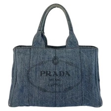 PRADA Canapa triangle with logo Tote Bag handbag Blue Gold Hardware canvas