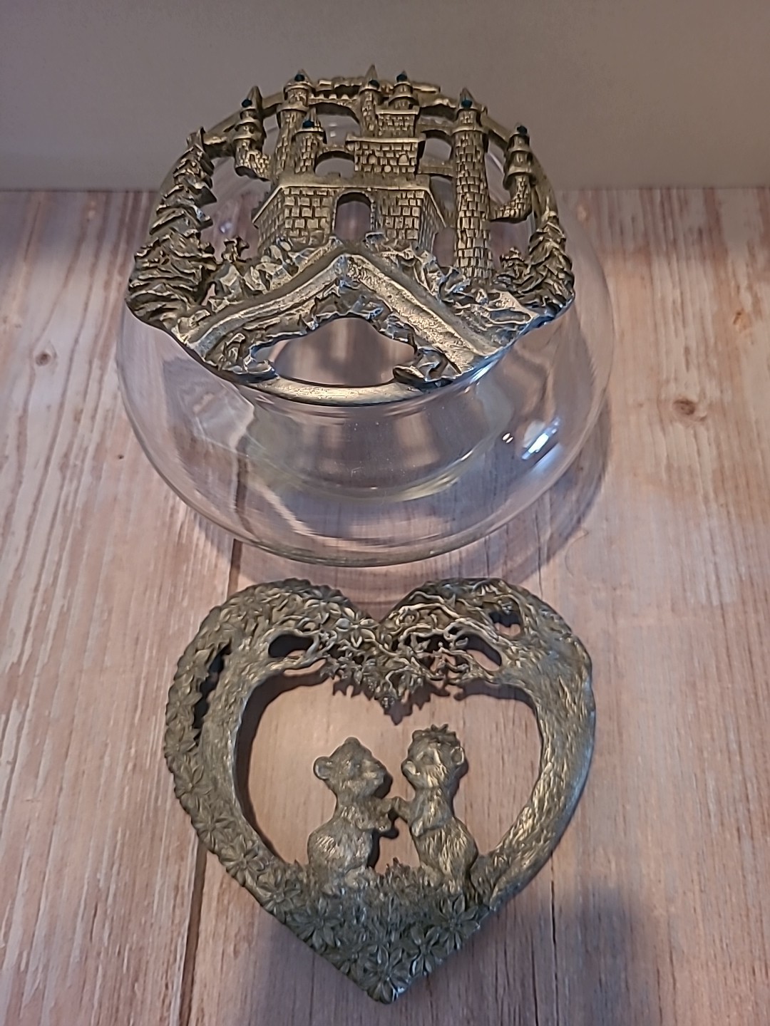 Vintage 80S METZKE POTPOURRI glass Jar With PEWTER Lid Castle Heart Animals