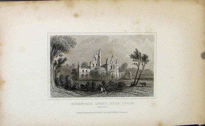 Original alter antiker Druck England Kirkstall Abbey Leeds Yorkshire