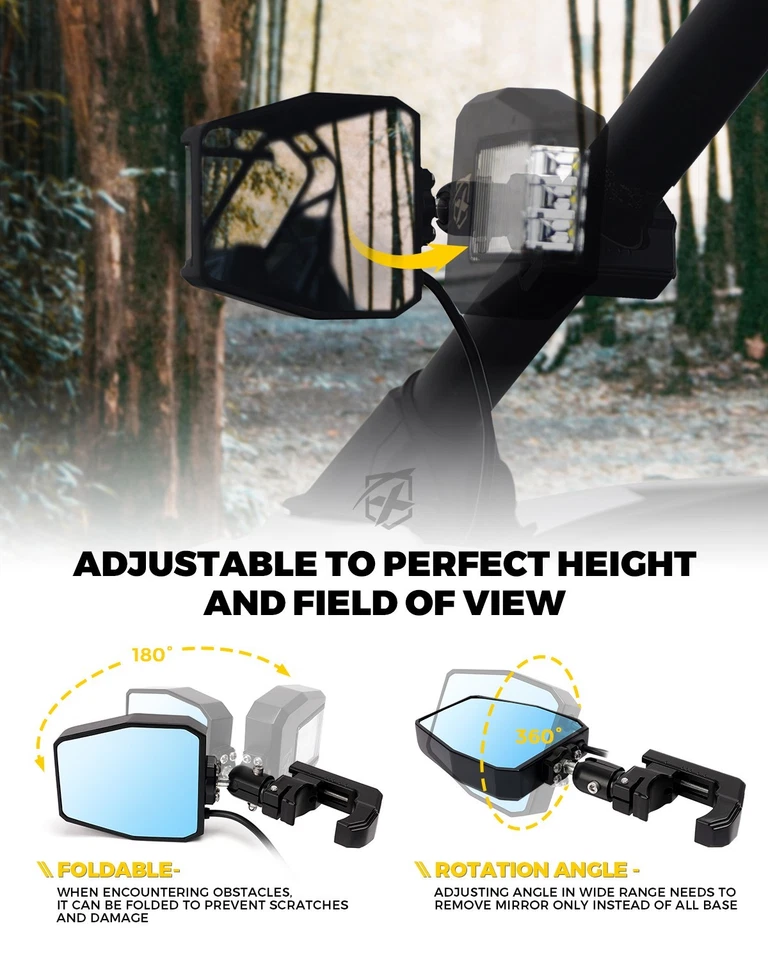 UTV Rear Side View Mirrors w/ Spot Lights for 1.75"-2" Roll Bar Cage ATV UTV RZR - Image 4 of 4