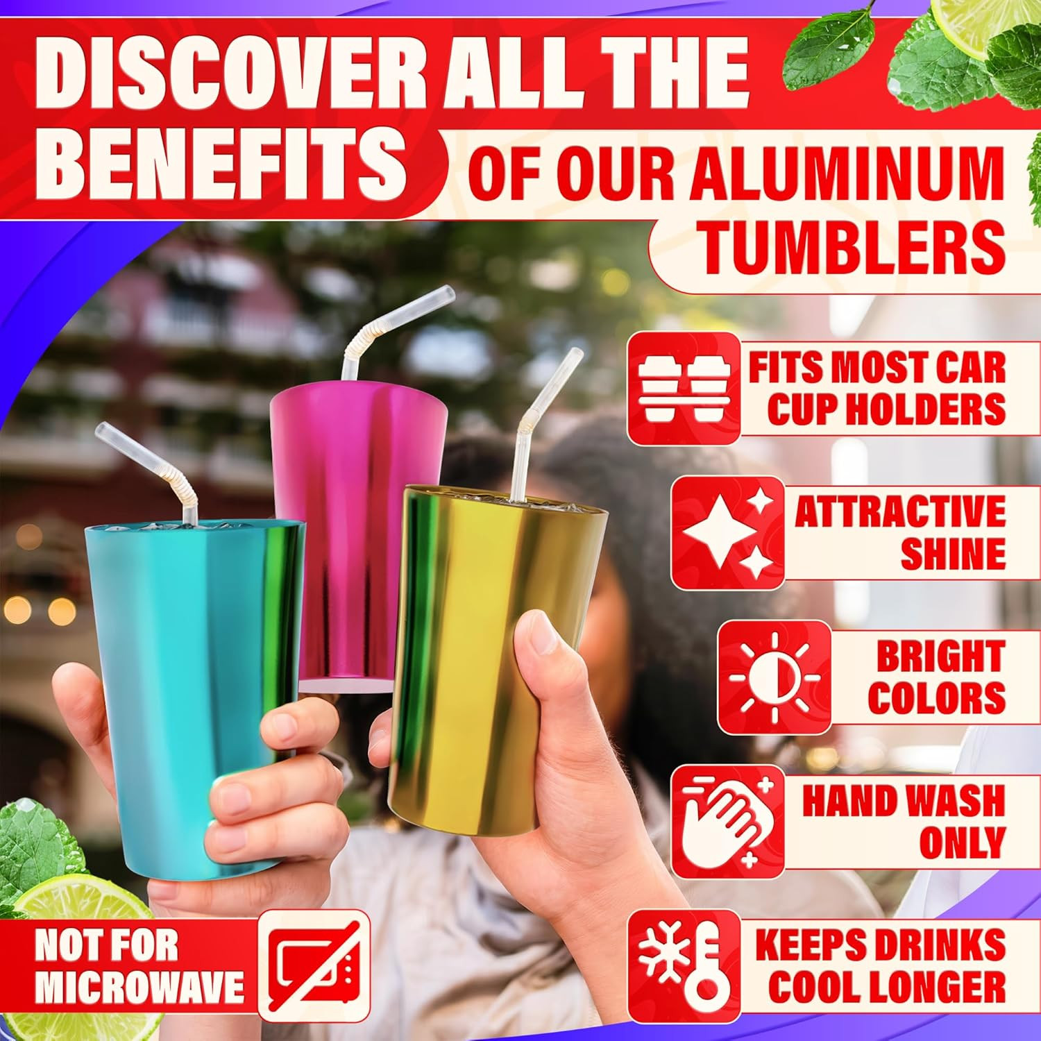Reusable Aluminum Cups 15oz Set of 6 Colorful Metal Drinking Tumblers Camping Pa