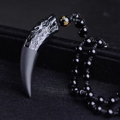 Natural black Obsidian Crystal Wolf Tooth Necklace pendant bead