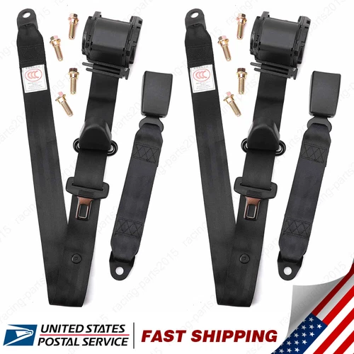 2 Pack Black Universal 3 Point Retractable Adjustable Car Seat Belt