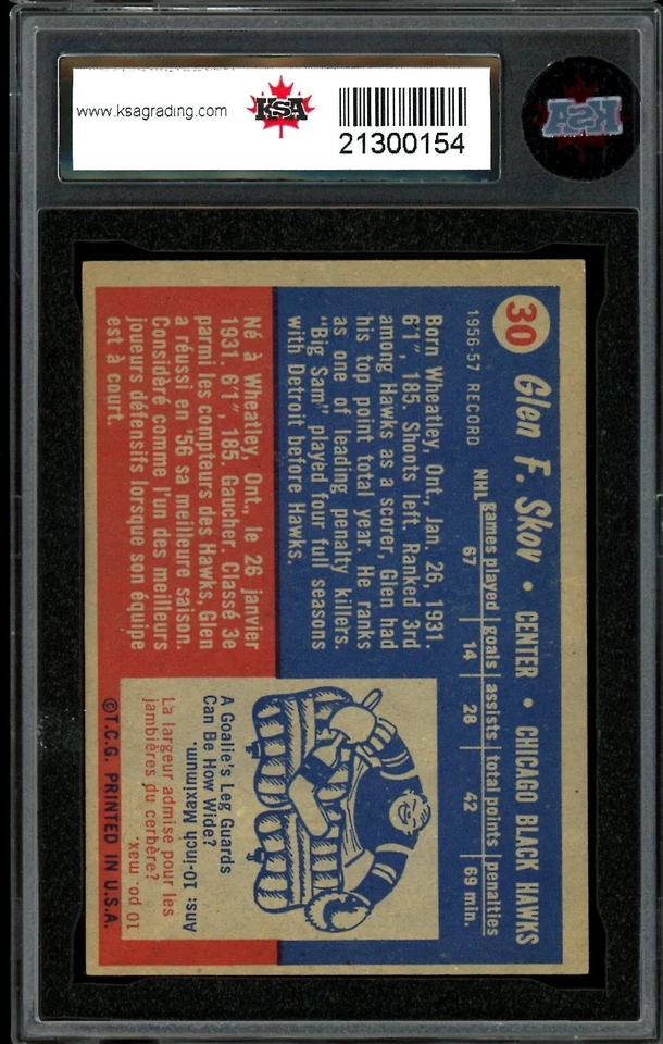 1957-58 TOPPS NHL HOCKEY #30 Glen Skov KSA 8 NM-MT Chicago Black Hawks Card - Image 2 of 2