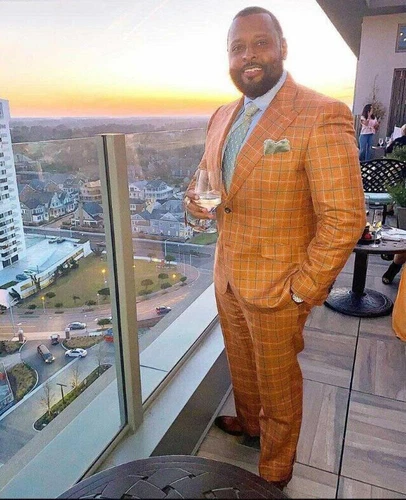 Orange Check Men Wedding Tuxedos Suits Wear Dinner Prom Party Blazer Jacket Pant - Picture 3 of 7