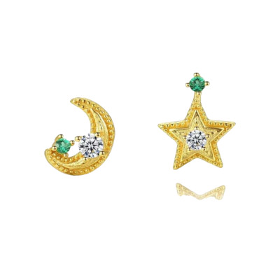 ZARD Mond Stern asymmetrische 14K Gold Ohrstecker in CZ Kristall Sterlingsilber