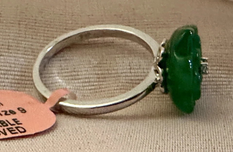 7.54ctw JARDIN COLLECTION Green Jade Carved Flower Ring Rhodium Plated Size 9 - Image 3 of 4