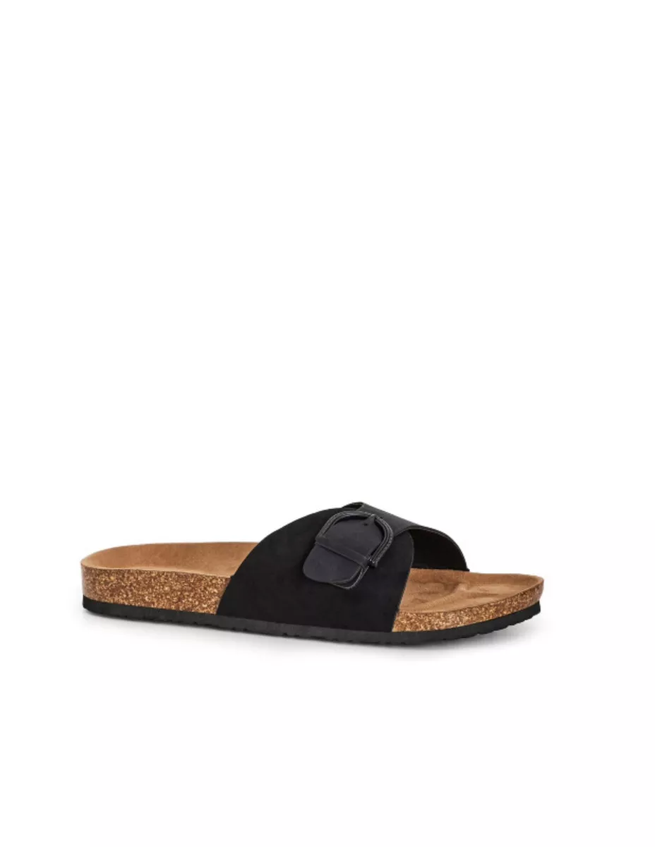 SALE . Ladies uk 10 EEE Flat black Slider Mules Buckle Footbed Sandals E13