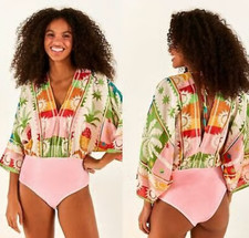 Farm Rio Rainbow Sunset Long Sleeve Bodysuit Floral Pink Plunge Neck Size M