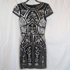 Lulus Sequin Beaded Embroidered Sheath Dress Illusion Sleeve Cocktail Sz XS