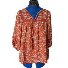 Doe & Rae Boho Floral Flowy Top Women's Size S Sheer Yoke Flounce Peasant Hippie