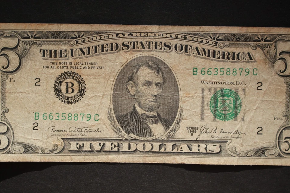 1969 B/$5/New York/Federal Reserve Note/significant circ/F-1971B/low printing - Image 3 of 4