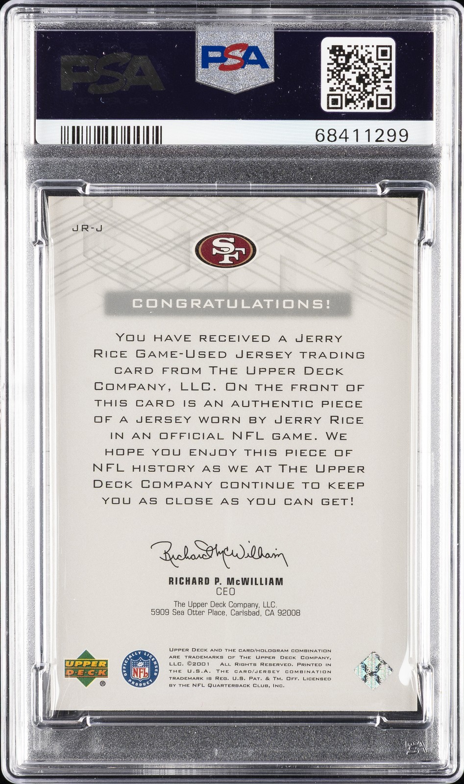 2001 UD PROS & PROSPECTS GAME JERSEY #JR-J JERRY RICE PSA 10 view 2
