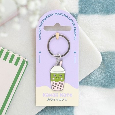Kawaii Kafe Himbeere Matcha Bubble Tea Boba Schlüsselanhänger Emaille Charm Schlüsselring