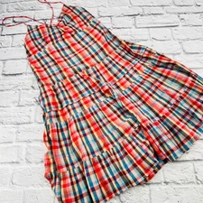 Gap Plaid Tiered Maxi Dress Red Blue Yellow Cotton Spaghetti Strap M Summer