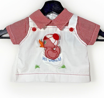 Vintage Baby Top Red Gingham White Plush Duck In Pocket Infant Retro Unisex
