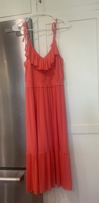 NWT Sofia Vergara Size Med Coral V-neck Ruffle Front Tiered Maxi Stretch Dress