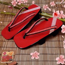 Traditional Japanese Geta Clogs Kimono Yukata Sandals Red Black Vintage 23.5cm