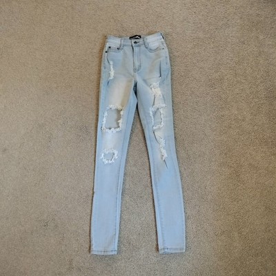 Fashion Nova Women's High Rise Skinny Jeans Light Wash Blue Stretch Distressed